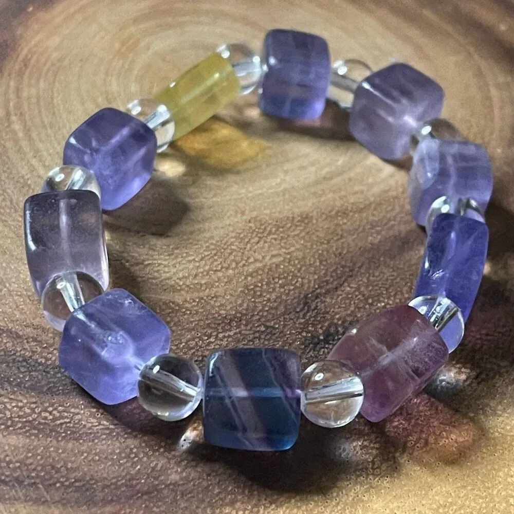 Fluorite bracelet striped layers rainbow colors cube stretch 10mm 7.5” natural c